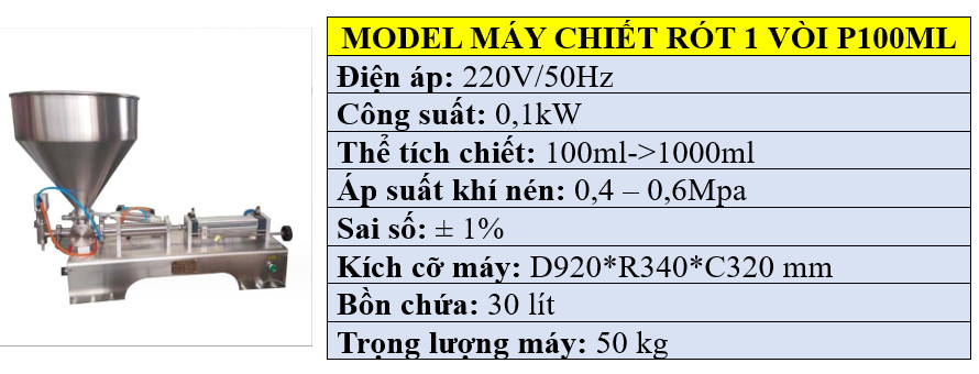 Thông số kỹ thuật máy chiết rót 1 vòi