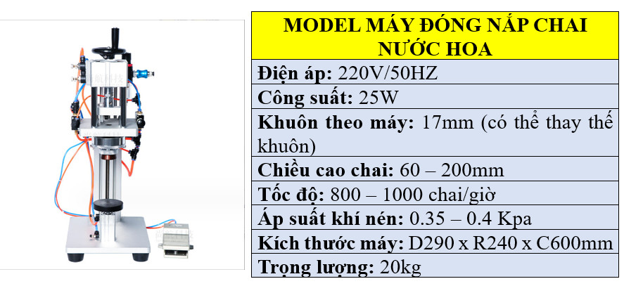 Thông số kỹ thuật máy đóng nắp chai nước hoa