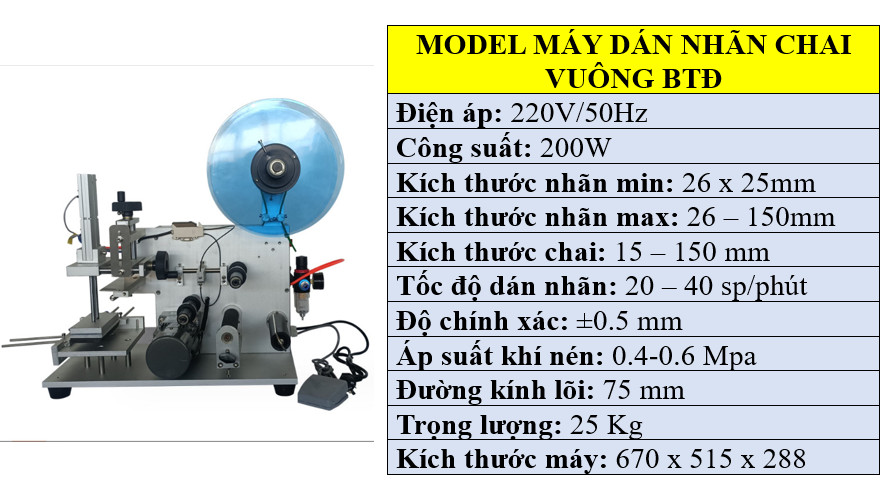 Thông số kỹ thuật máy dán nhãn chai vuông