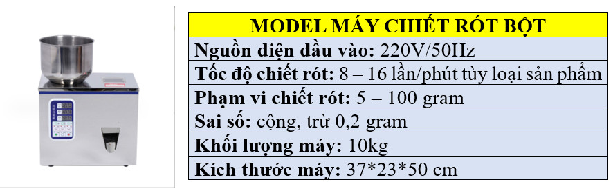 Thông số kỹ thuật máy chiết rót bột khô