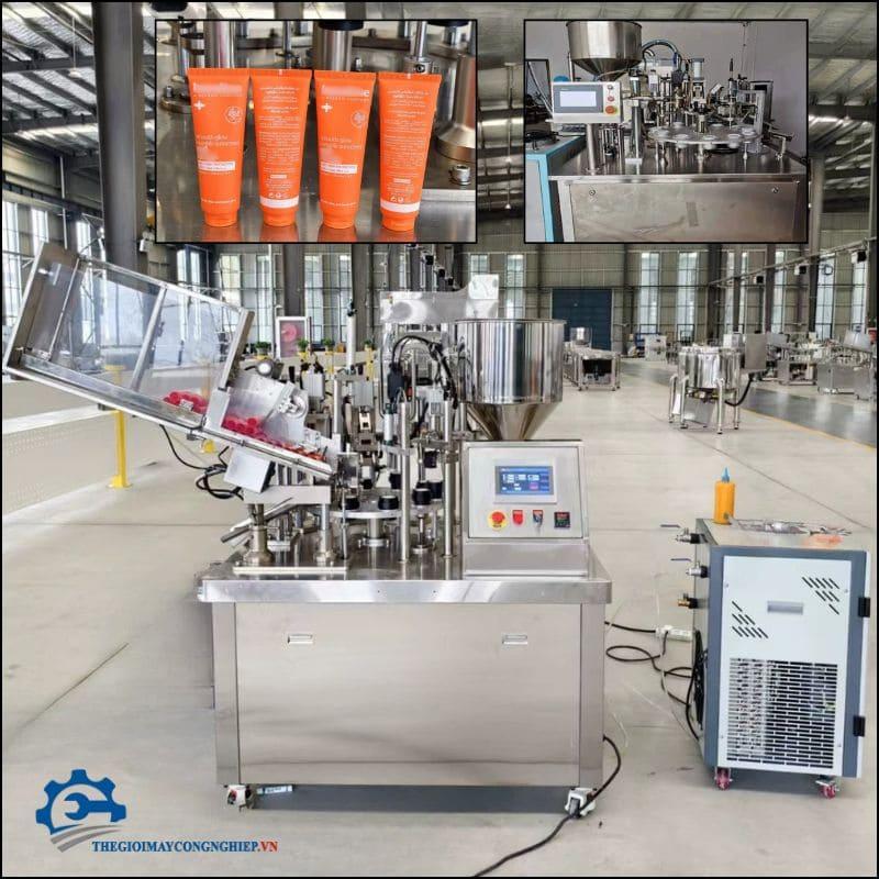 Máy chiết rót mỹ phẩm mâm xoay  – Máy chiết rót kem, sữa tắm, sữa rửa mặt kết hợp hàn đáy tuýp